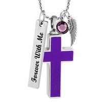 Purple Stainless Cross Cremation Jewelry Urn - Love Charms™ Option - £23.15 GBP