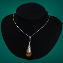 sterling silver texture amber tear drop pendant necklace 18” - £99.91 GBP