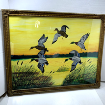 Flying Mallard Ducks in Flight Sunset Sunrise Waterfowl Painting Framed Vintage - £31.94 GBP
