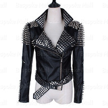 New Woman&#39;s Punk Black Silver Spiked Studded Real Cowhide Leather Jacket-247 - £295.75 GBP