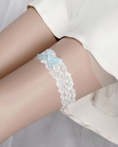 White lace leg garter - wedding garter - Blue Bow - $16.27