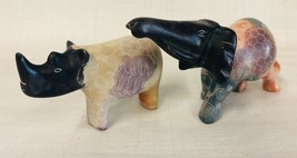 Carved Stone Anteater And Rhinoceros Hand Carved In Kenya Black Peach Gray - $47.87