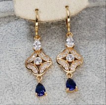 3.00Ct Pear Cut Lab-Created Sapphire Drop Dangle Earrings 14k Yellow Gold Plated - £127.00 GBP