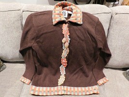 Storybook Knits Vintage Hsn Brown Cardigan Sweater Appliques Embroidery Plaid - £23.91 GBP