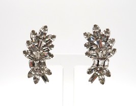 vintage white rhinestone clip on climber earrings abstract leaf pattern - $19.99