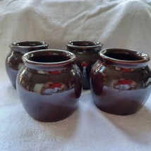 Four small 3&quot; bean crocks, Made in USA, glossy brown, bean pots, ovenware - £20.94 GBP