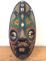 Vtg Ghana Kenyan African Beaded Brass Ceremonial Tribal Face Mask Wall Decor 12&quot; - £158.02 GBP