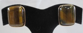Vtg Clip Earrings Tiger’s Eye Cabochon Chunky Rectangle Gold Tone - £15.73 GBP