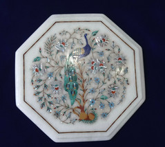 White Marble Coffee Table Top Mother of Pearl Inlay Peacock Art Furniture Decor - £689.93 GBP