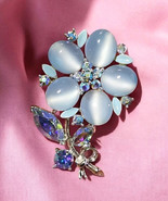 Vintage Austria Blue Moonstone Glass Cabochon Floral Brooch AB Rhinestones - $91.76