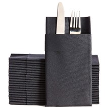 Black Dinner Napkins Cloth Like With Built-In Flatware Pocket, Linen-Fee... - $49.99