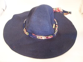 Ellen Tracy Blue Hat Wide Brim Straw With Gold Chain Floral Scarf One Size - £15.88 GBP
