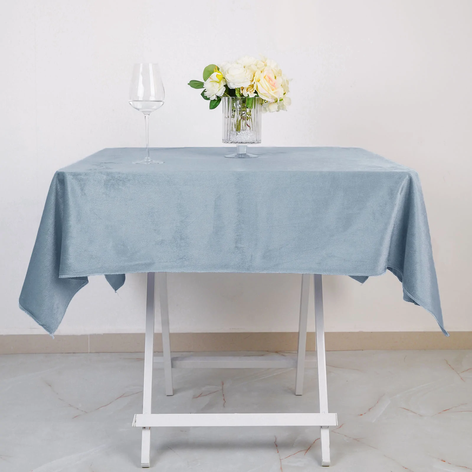 Dusty Blue - 54&quot; Premium Velvet Table Overlay Square Tablecloths Wedding - £23.72 GBP