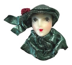 Vintage Lady Head Brooch Pin Art Deco Face Woman Green Flapper 2.25 Inch Tall - $21.89