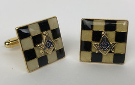 Vintage Checker Board Freemason Masonic Square &amp; Compass Cufflinks In Go... - £15.79 GBP