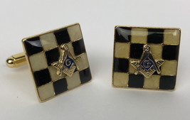 Vintage Checker Board Freemason Masonic Square &amp; Compass Cufflinks In Go... - $19.99