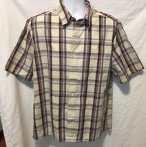 Consensus Sportswear Mens Sz L Button Up Shirt Short Sleeve Tan Blue Brown - $11.88