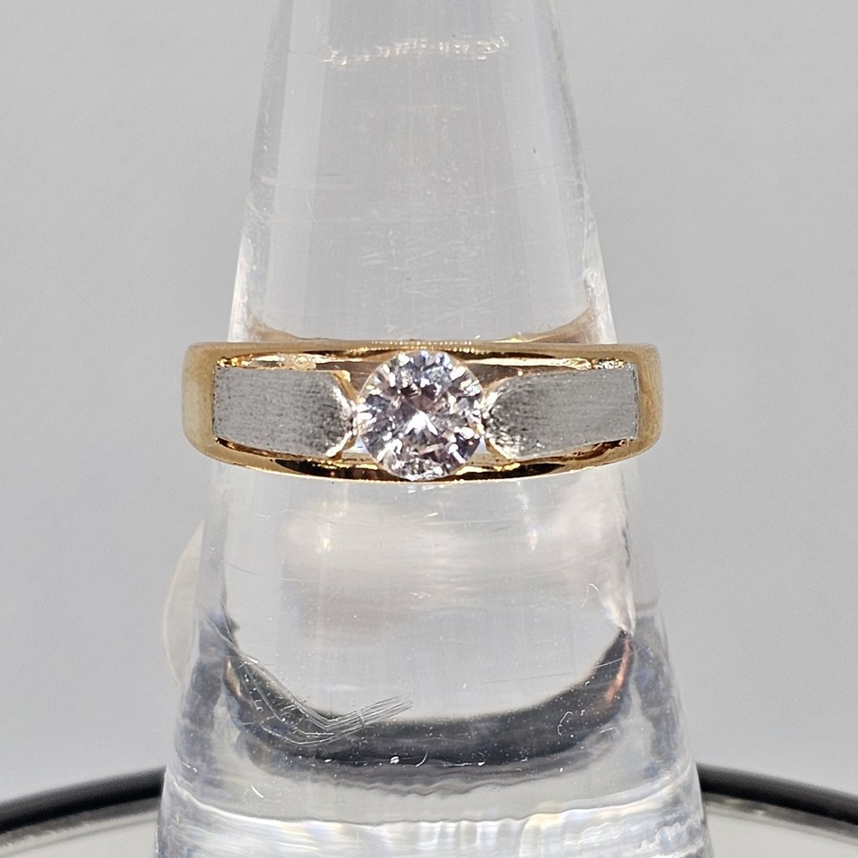 Two Tone 18k Gold Plated Ring Round CZ Slim Cigar Band Vintage NOS Origi... - $29.99