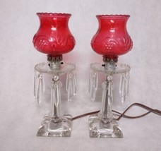 Vintage Boudoir Vanity Dresser Lamps 2 Ruby Red Glass Shades w/ 3&quot; Prisms 14&quot; H - £68.48 GBP