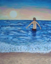 Painting Male Swimmer Seascape Original Impressionism Ocean Beach Sunset Waves - £23.26 GBP