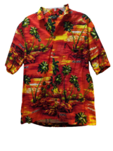 Aloha Fashion Men's shirt L large red yellow Hawaiian palm trees sunset ... - $15.28