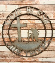 Oversized 24&quot; Western God Bless Our Troops Sign Vintage Metal Circle Wall Decor - £40.08 GBP