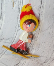 Christmas Ornament Kris Boy on Skis Vintage Wood 1970s - £6.65 GBP