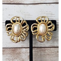 Vintage Napier Clip On Earrings - 1.25&quot; Gold Tone Oval with Faux Pearl - $11.99