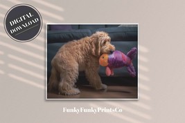 Artisan PRINTABLE wall art, Goldendoodle Playing with a Toy Fish | Downloadable - £2.78 GBP