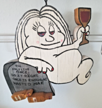 Wood Sign Halloween Wasted Mae Wine Bottle Ghost Red Wine Glass Live once Hanger - £39.38 GBP