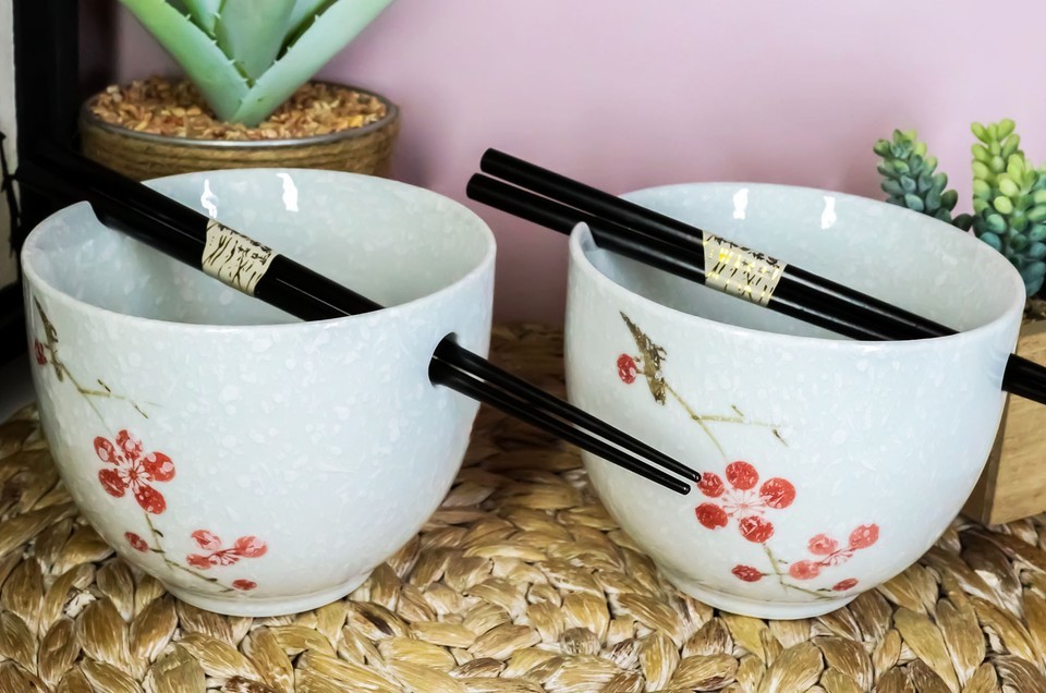 Ceramic Japanese Sakura Pink Cherry Blossoms Ramen Noodle Bowls Chopstic... - $30.99