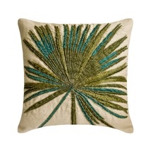 Green Linen Embroidery Beaded 16&quot;x16&quot; Throw Pillow Cover - Arboreal - £27.01 GBP+