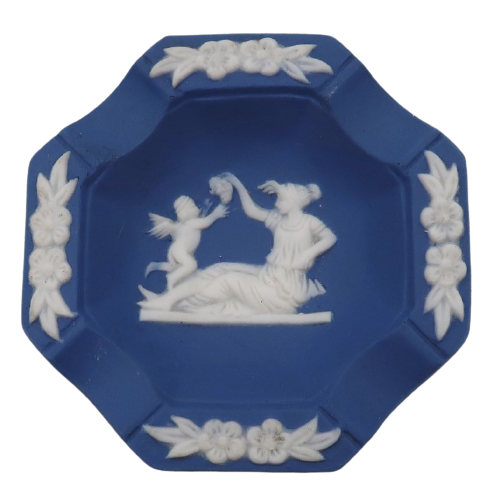 Vintage tiny blue Wedgewood style Greek scene ceramic porcelain ashtray Japan - $12.00