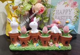 Easter Bunnies Bunny Rabbits In Flower Pots Figurine Tabletop Decor - $28.99