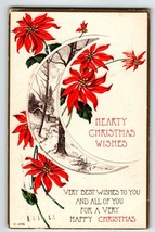 Christmas Postcard Art Deco Black White Red Crescent Moon Pointsettia Flowers - £12.72 GBP