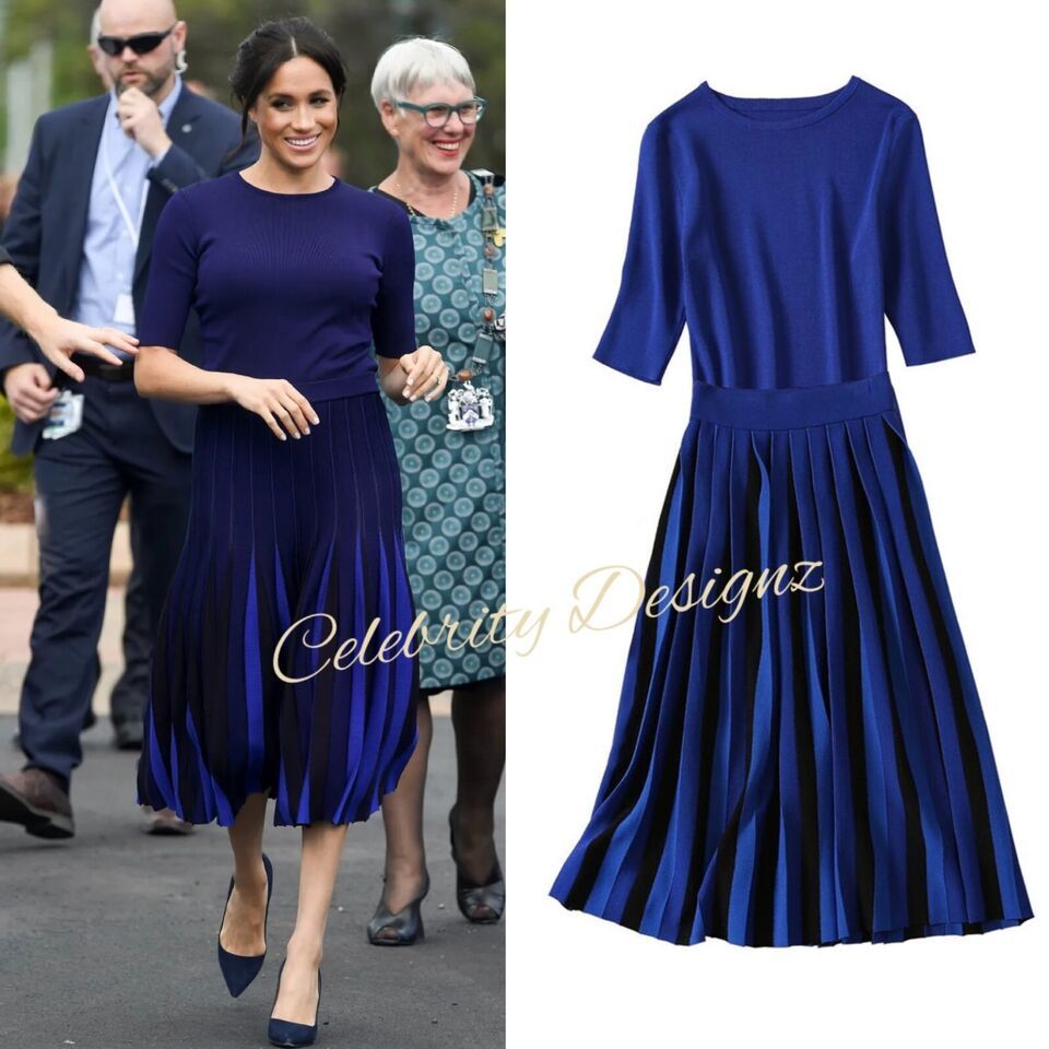 Womens Meghan Markle Inspired Crewneck Knit Top & High Waisted Pleated Skirt Set
