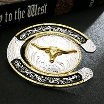 New Silver &amp; Gold Tone Bull Horse Shoe Shaped Belt Buckle - £17.13 GBP