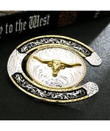 New Silver &amp; Gold Tone Bull Horse Shoe Shaped Belt Buckle - £17.15 GBP