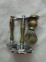 unbranded SHAVING STAND with BRUSH and RAZOR wooden handle - $22.00