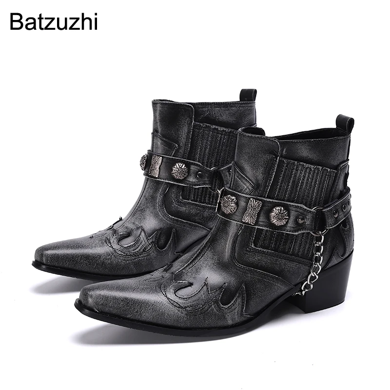 Batzuzhi Western boy Handmade Men&#39;s Boots Pointed Toe Dark Grey Leather Ankle Bo - £317.12 GBP