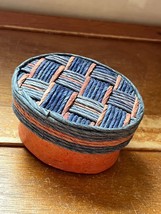 Small Thick Orange Cardboard Oval w Blue Woven Lid Trinket Box – 2.25 inches hig - $7.69