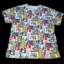 White Swan Penguin Noel Joy Snow Winter Holiday Christmas Scrub Shirt Sz... - $18.99