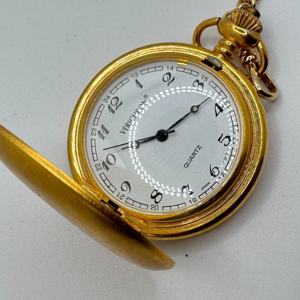 Vintage Verichron Pocket Quartz Watch Men Gold Tone Half Hunter 48mm New... - $33.24
