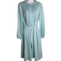 Vintage 60s Forever Young Midi Shift Dress L Blue Linen Blend Tie Waist Buttons - £54.71 GBP