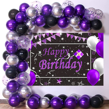 Black Purple Birthday Decorations 64PCS, Happy Birthday Backdrop for Women Girls - £21.55 GBP