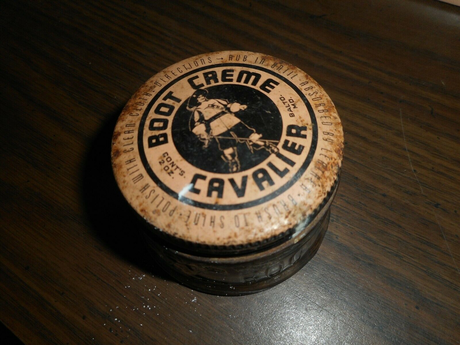 Primary image for Cavalier Boot Cream Jar and Lid ... Embossed Jar Horse Rider Shoe Polish Vintage