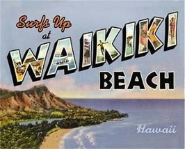 Surfs Up At Waikiki Beach Collectible Metal 12&quot; x 15&quot; Decorative Tin Sign - £13.23 GBP