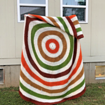 Vintage Grandma&#39;s Autumn Bulls Eye Crocheted Afghan Blanket over 8 foot ... - $39.49