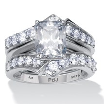 Emerald Cut Cz 2 Piece Bridal Ring Set Platnum Plated Sterling Silver 6 7 8 9 10 - £239.75 GBP