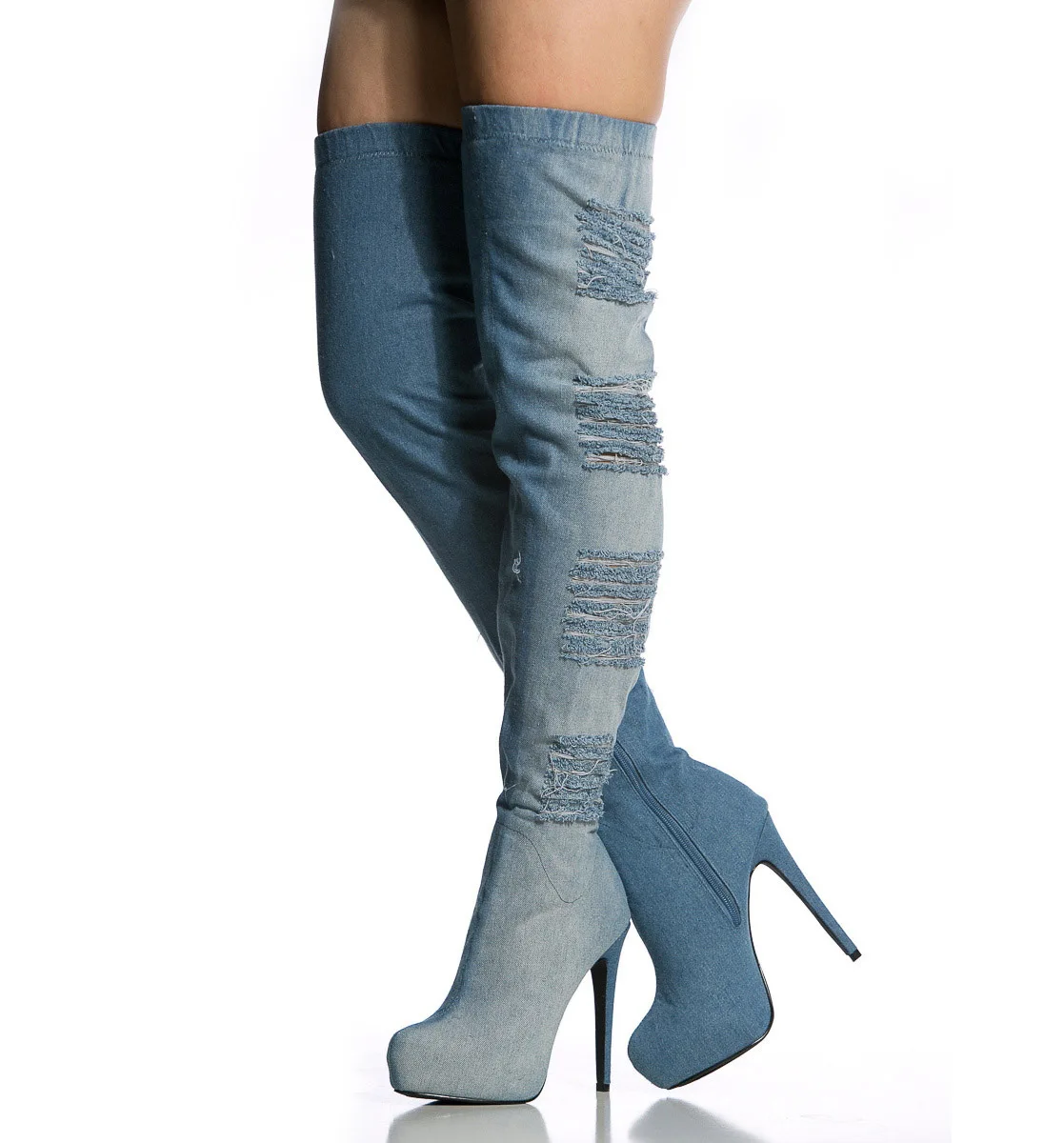 Boy denim boots female thigh high heels over knee boots platform stiletto elastic round thumb200